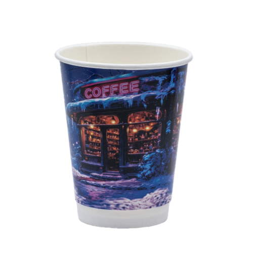 Стакан бумажный двухслойный CHRISTMAS CAFE 400мл. Крышка ST90