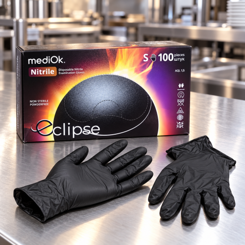 Перчатки нитриловые, без пудры, ECLIPSE Black S, прочные